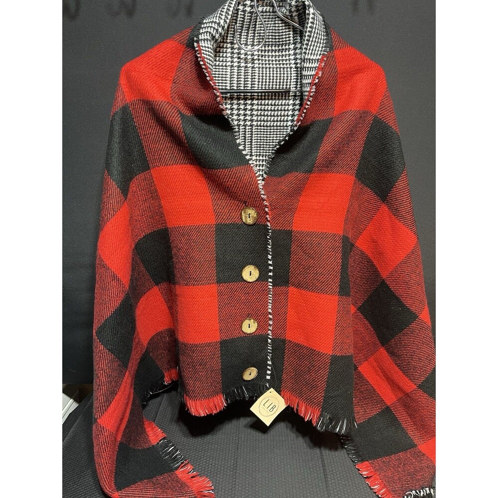L.I.B. New York Reversible Buffalo Plaid Poncho Cape Red Black Glen Plaid NWT OS